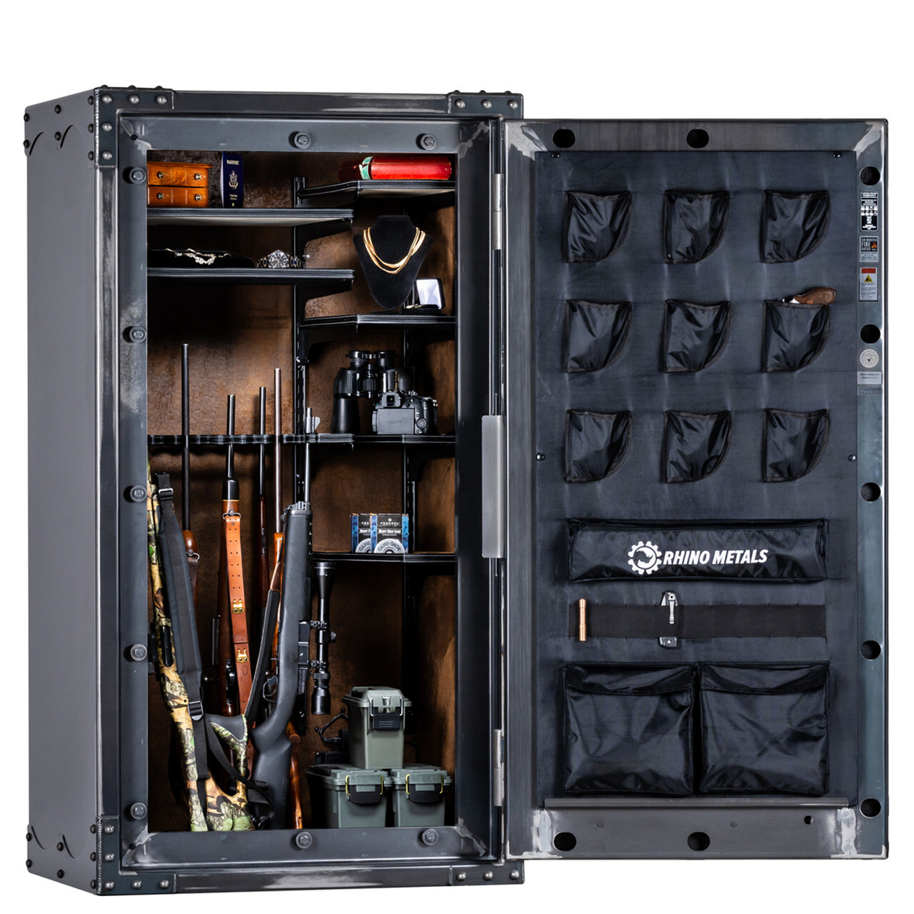 Large capacity gun safe with organized firearm collection and storage shelves